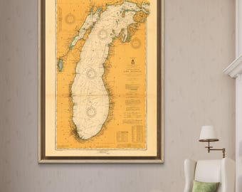 1915 Lake Michigan nautical map reprint, Great Lakes decor - 7 sizes up to 48x72", 3 color choices - sold UNFRAMED only - pls read listing