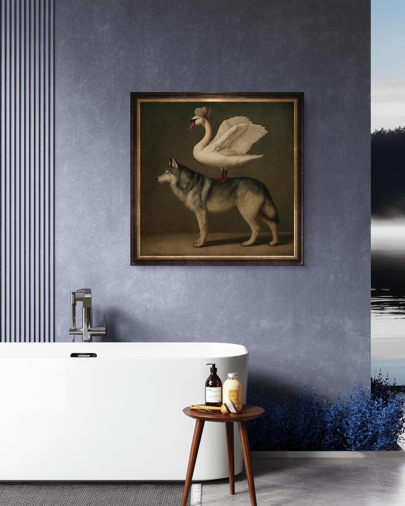 Swan and Wolf Vintage-style Fantasy Art Print – Elegant Surreal Animal ...