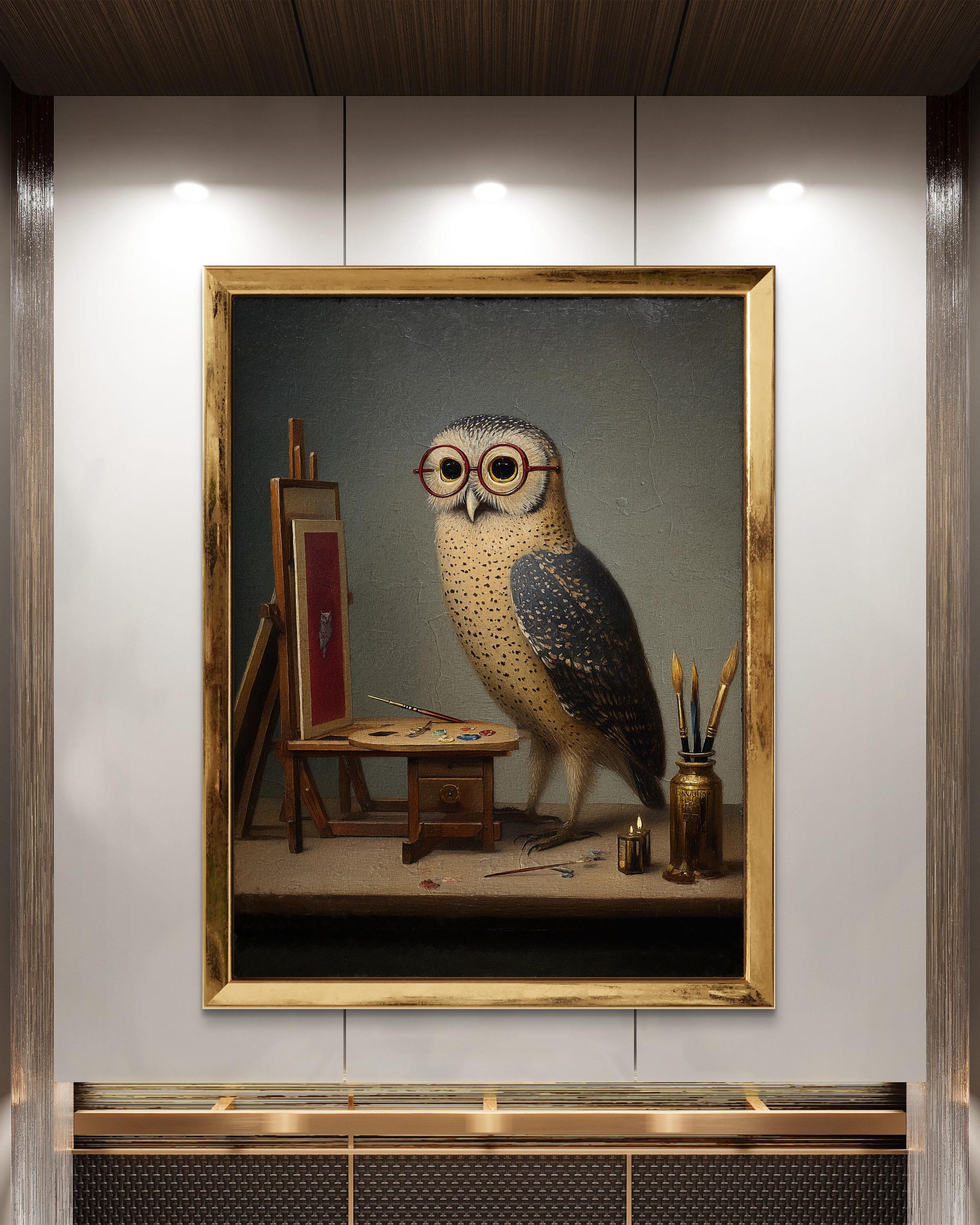 Whimsical Owl Artist – Vintage-style Animal Oil Painting with Glasses, Quirky Wall Art Print- 