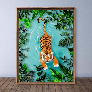 May include: A painting of an orange and black tiger swimming in blue water surrounded by green leaves.