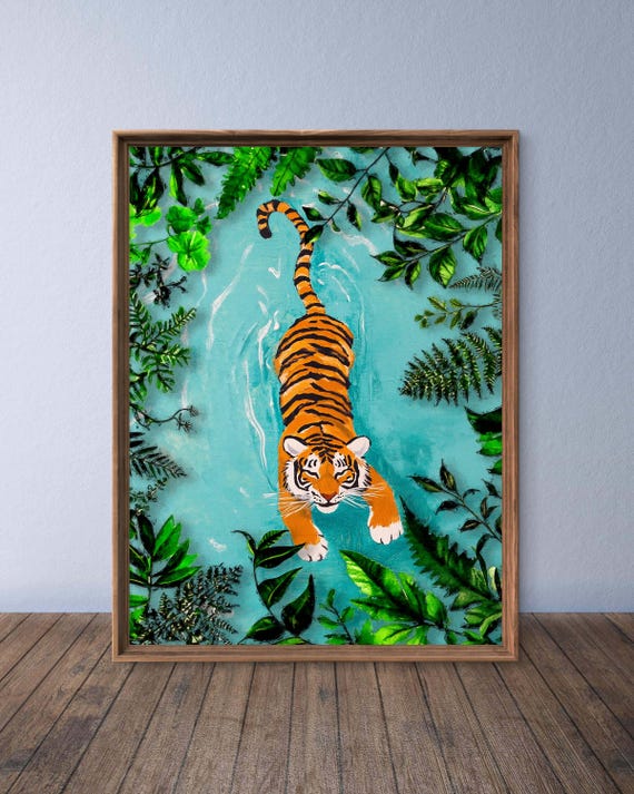 Tiger Wall Art, Jungle Animal Print, Wildlife Wall Decor, Swimming Tiger Art, Exotic Nature Art, Water Tiger, Sold UNFRAMED only - #170