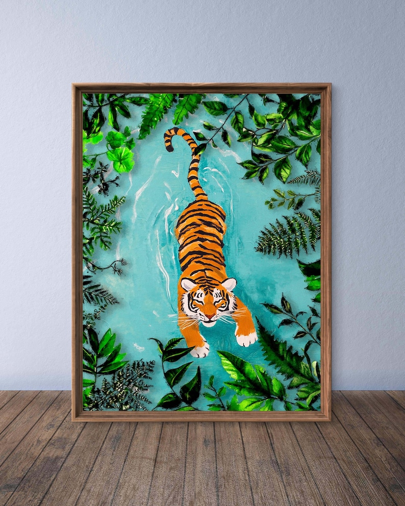 May include: A painting of an orange and black tiger swimming in blue water surrounded by green leaves.