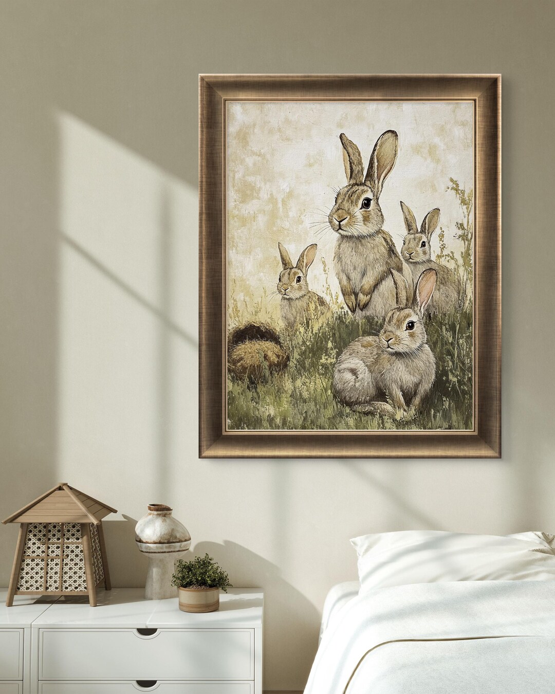 Rabbit Family Wall Art – Woodland Bunny Nursery Print, Rustic Animal ...