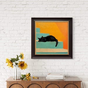 May include: A framed painting of a black cat sleeping on a set of teal stairs against a yellow and orange background.