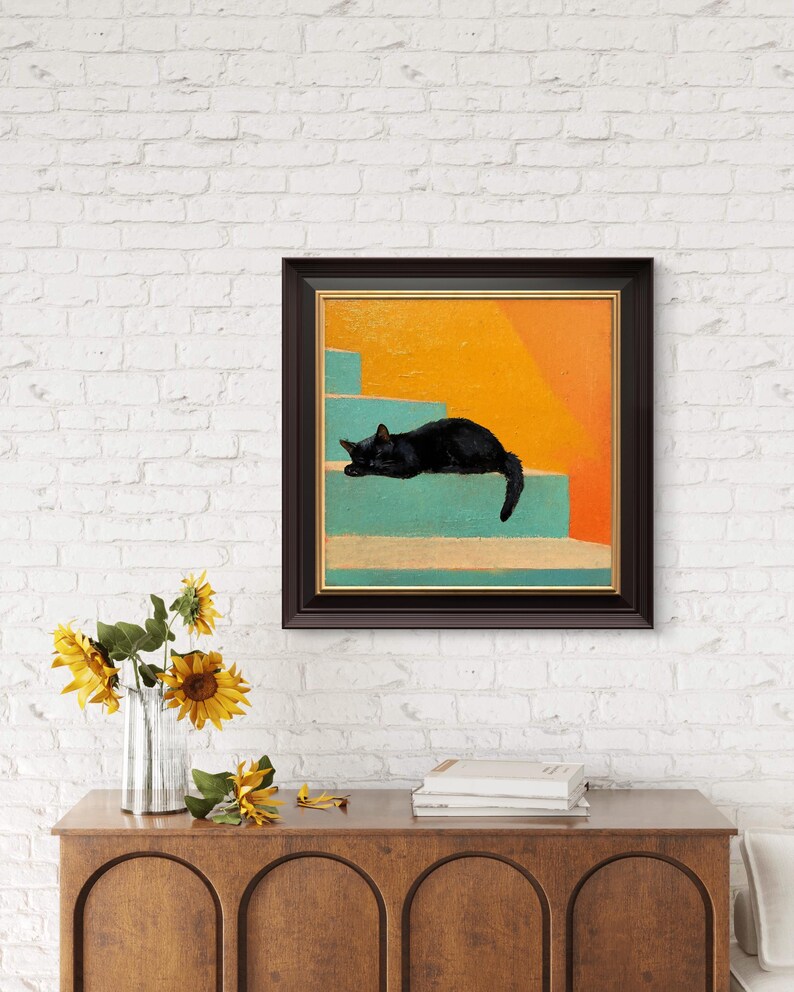 May include: A framed painting of a black cat sleeping on a set of teal stairs against a yellow and orange background.
