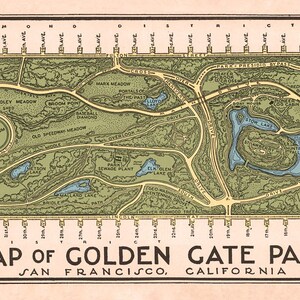 May include: A vintage map of Golden Gate Park in San Francisco, California. The map shows the park's layout, including its many paths, lakes, and buildings. The map is printed in green, brown, and blue on a cream-colored background.