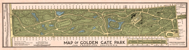 May include: A vintage map of Golden Gate Park in San Francisco, California. The map shows the park's layout, including its many paths, lakes, and buildings. The map is printed in green, brown, and blue on a cream-colored background.