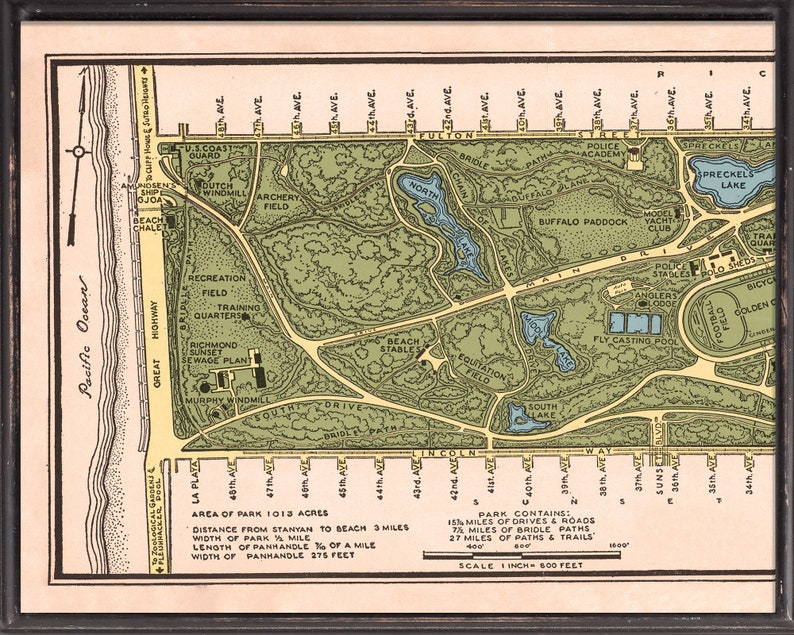 May include: A vintage map of Golden Gate Park in San Francisco, California. The map shows the layout of the park, including the location of various attractions, such as the Japanese Tea Garden, the de Young Museum, and the California Academy of Sciences. The map also includes a scale and a legend.