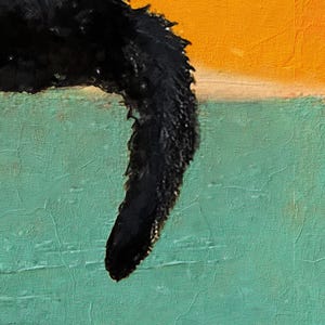 May include: A close-up of a black cat's tail against a background of orange, peach, and teal.