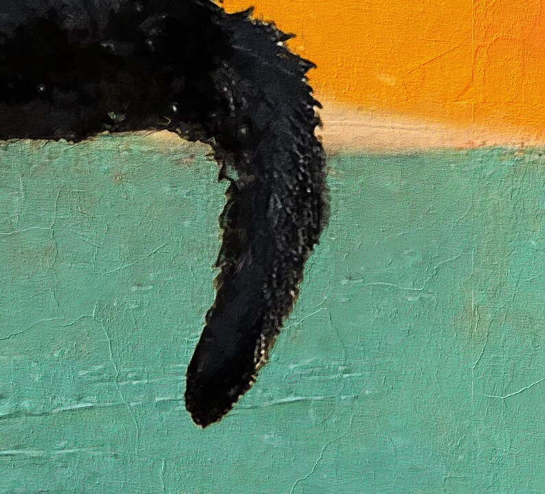 May include: A close-up of a black cat's tail against a background of orange, peach, and teal.