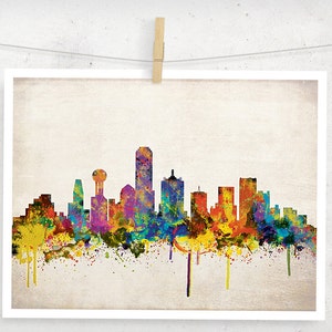 Dallas City Skyline, Digital Watercolor Art Print. Modern Home Decor,No,324