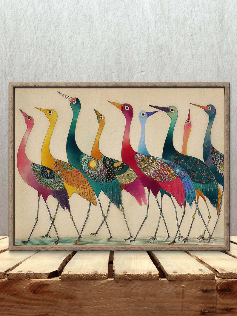 May include: A framed art print featuring a line of stylized birds with long necks and legs. The birds are depicted in a variety of colors, including pink, yellow, teal, and blue, with patterned details on their bodies. The artwork is set against a cream-colored background.