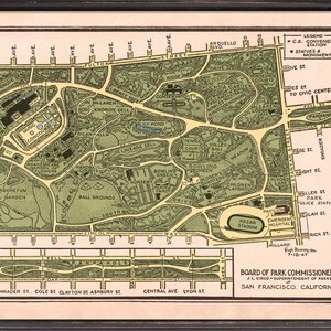May include: A vintage map of Golden Gate Park in San Francisco, California. The map shows the layout of the park, including the location of various attractions, such as the Japanese Tea Garden, the Conservatory of Flowers, and the de Young Museum. The map also includes a legend that identifies the different types of features shown on the map.