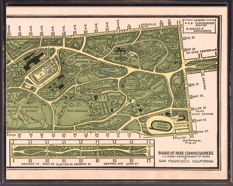 May include: A vintage map of Golden Gate Park in San Francisco, California. The map shows the layout of the park, including the location of various attractions, such as the Japanese Tea Garden, the Conservatory of Flowers, and the de Young Museum. The map also includes a legend that identifies the different types of features shown on the map.