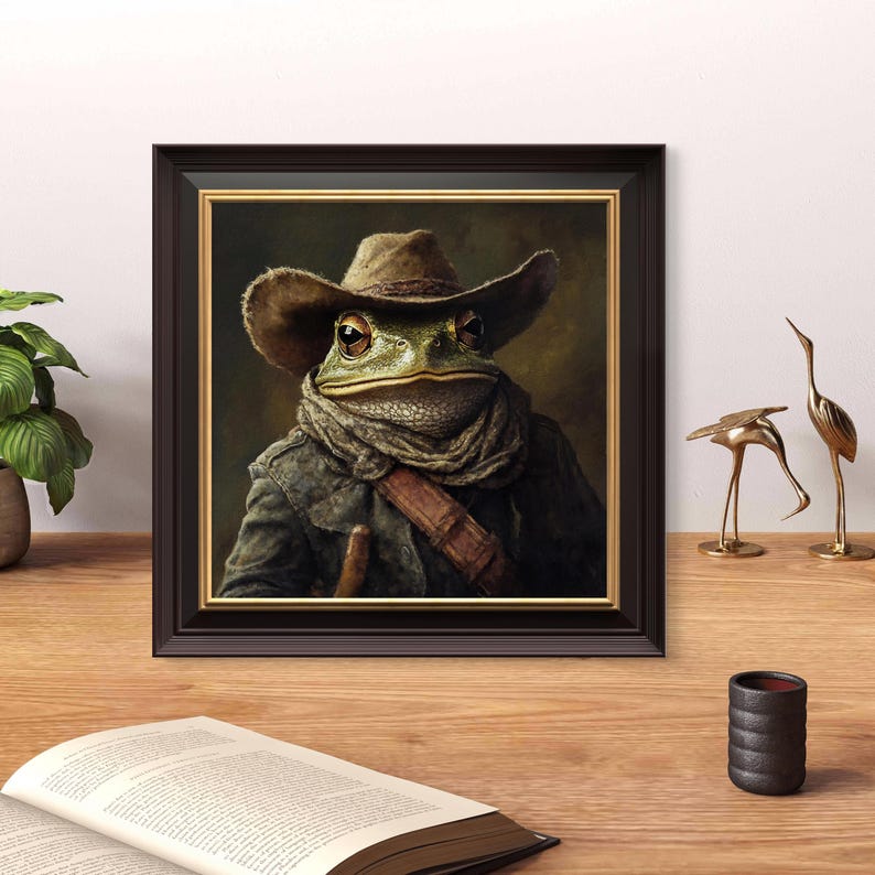Op de afbeelding: Een ingelijst schilderij van een groene pad die een bruine cowboyhoed en een bruine sjaal draagt. De pad kijkt de kijker recht aan met een serieuze uitdrukking. Het schilderij is geplaatst tegen een donkerbruine achtergrond.