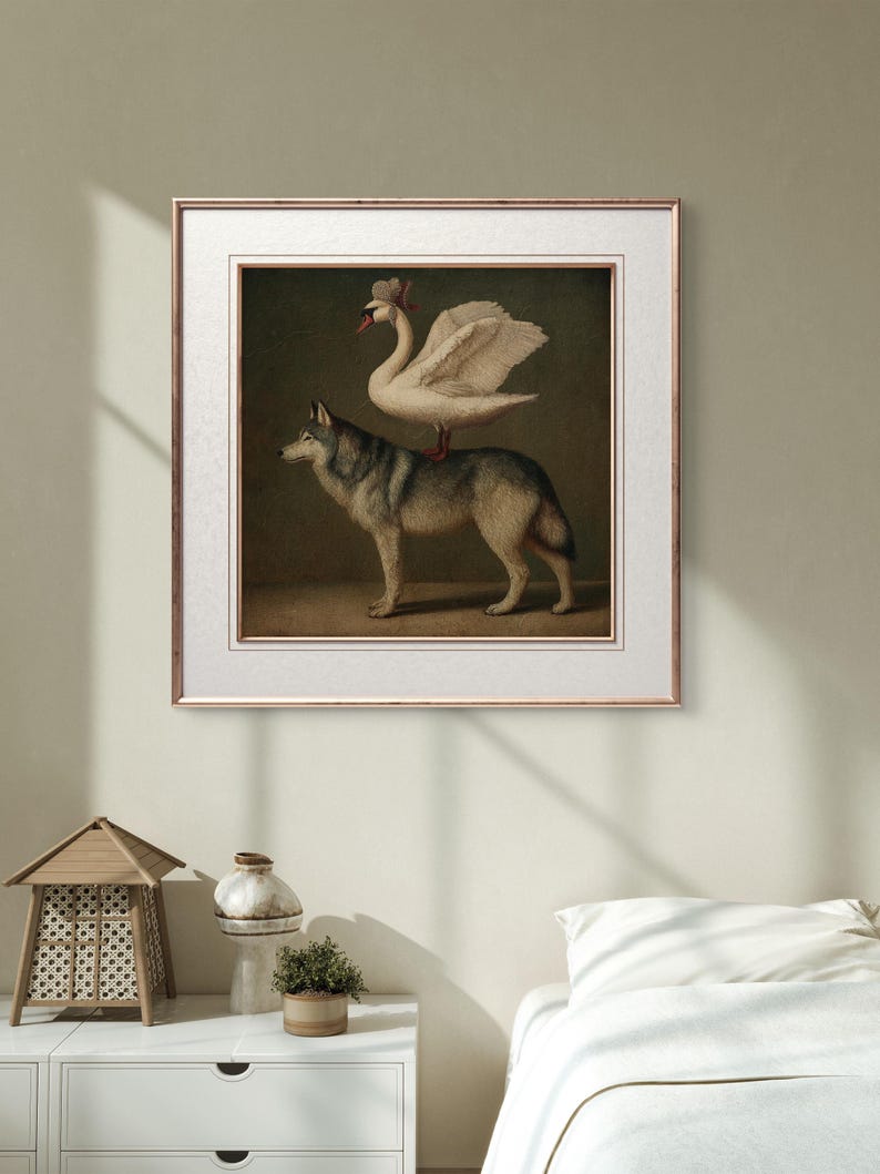 Swan and Wolf Vintage-style Fantasy Art Print – Elegant Surreal Animal ...