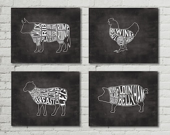 Beef, Chicken, Lamb and Pork,(set of 4) ,Chalkboard Art, Butcher Chart, Kitchen Art, Butcher Diagram, Butcher Prints, Cuts of Meat,NO 740