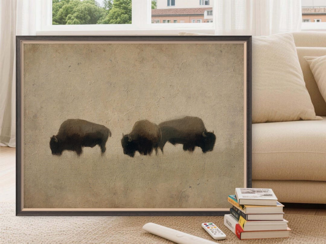 Minimalist Bison Wall Art Print, Vintage-style Wildlife Oil Painting ...