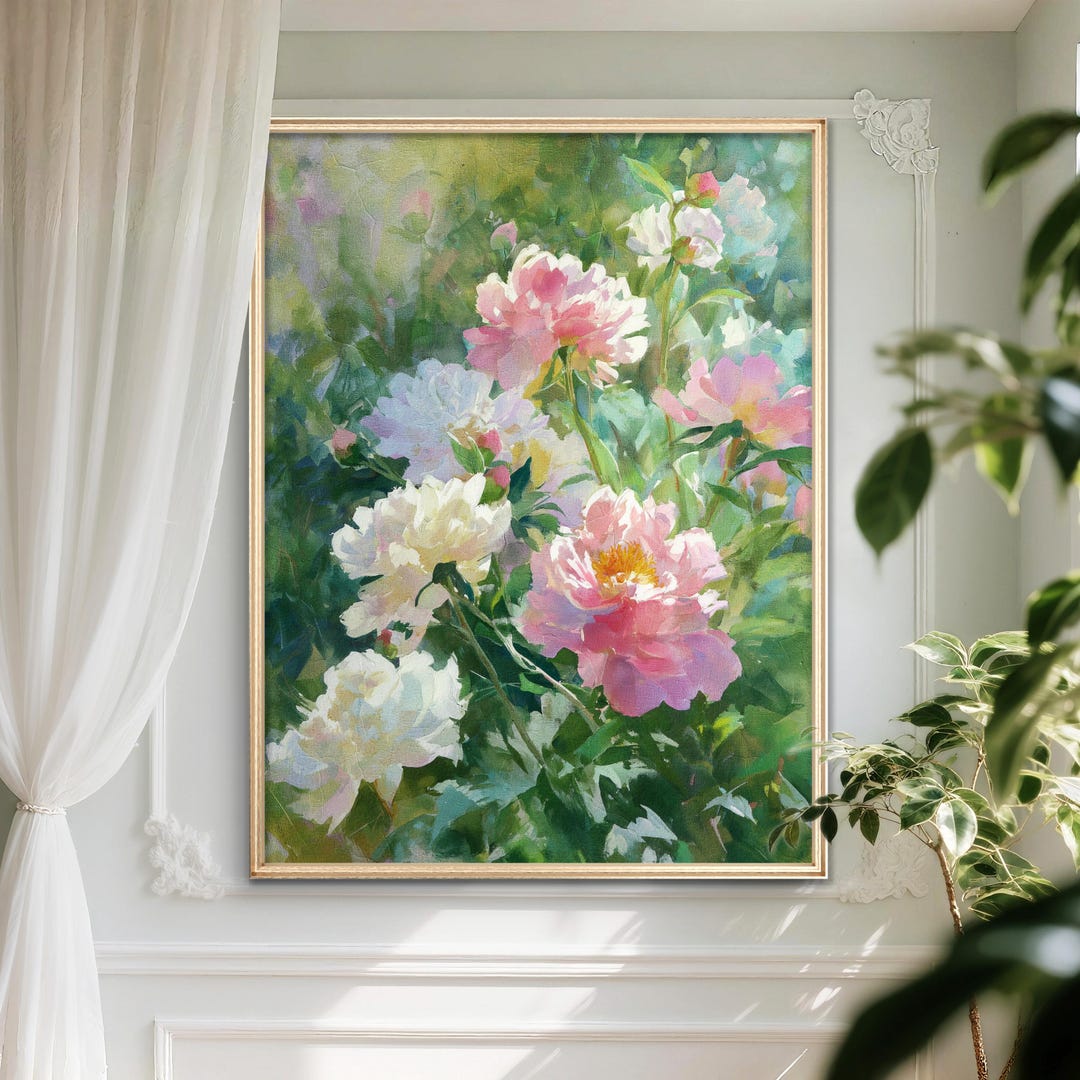 Pink and White Peony Digital Painting Print, Floral Wall Art Poster ...