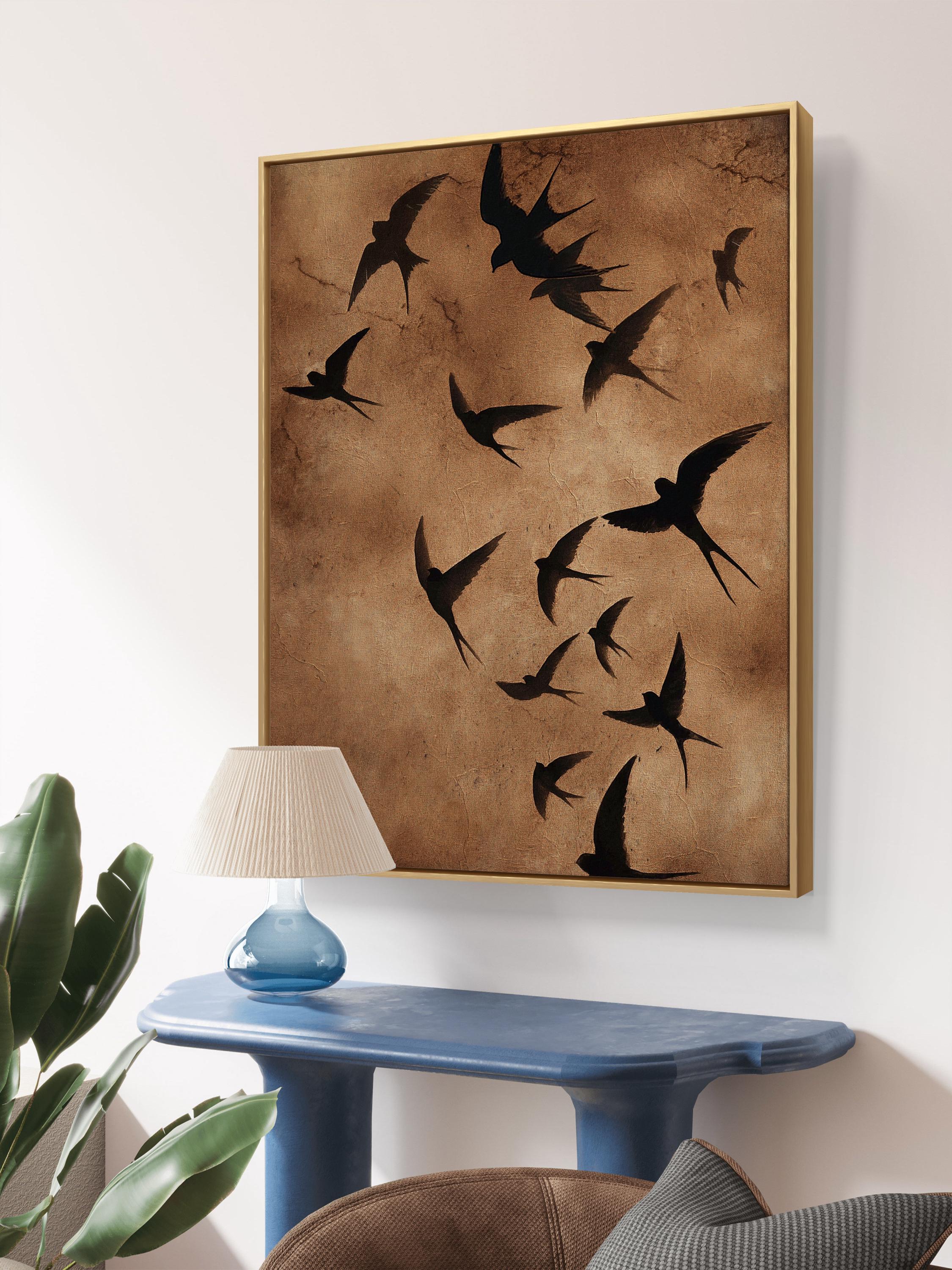 Swallow Birds in Flight Wall Art Print – Rustic Brown Oil Painting