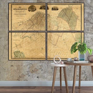 May include: A vintage map of the City of Brooklyn, New York, divided into four sections. The map shows the layout of streets and buildings in the area, including the Village of Williamsburg. The map is printed on aged paper with a yellowed hue.