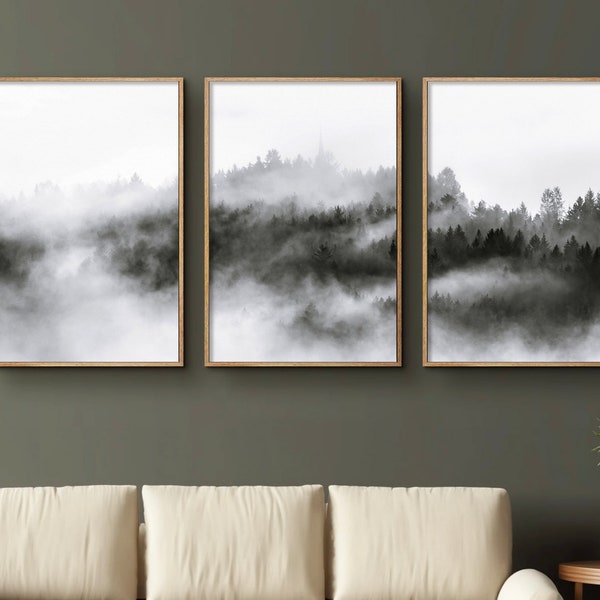 Foggy Forest Set of 3 Print, Pine Tree Forest, Large Modern Forest Art Set, Misty Forest Print Nordic Forest 3 Piece Art Set