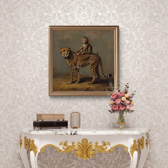 Monkey Riding Cheetah – Whimsical Jungle Vintage Animal Wall Art