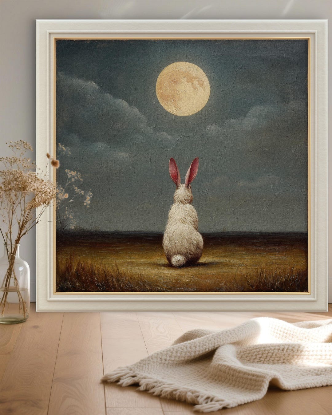 Rabbit Moon Oil Painting Print | Whimsical Bunny Wall Art | Dreamy ...