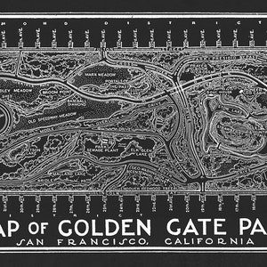 May include: Black and white map of Golden Gate Park in San Francisco, California. The map shows the layout of the park, including roads, paths, buildings, and other features. The map is labeled with the names of various locations within the park.