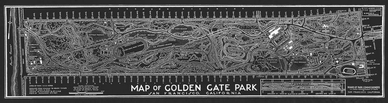 May include: Black and white map of Golden Gate Park in San Francisco, California. The map shows the layout of the park, including roads, paths, buildings, and other features. The map is labeled with the names of various locations within the park.