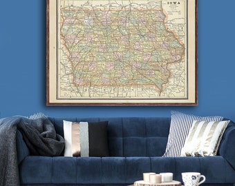 1887 Iowa map reprint, vintage Cram's Iowa state map reprint, 4 large sizes to 40x30" and 4 color choices - sold UNFRAMED