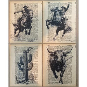 Cowboy Western Wall themed dictionary print set #1160 - Southwest Decor - 4-piece set  - printed on upcycled vintage dictionary pages