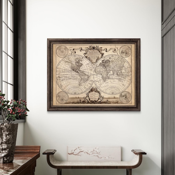 1700 World Nautical Map reprint , Vintage 1700s Dutch nautical chart reprint - 3 colors choices &sizes up to 48x36" - sold Unframed