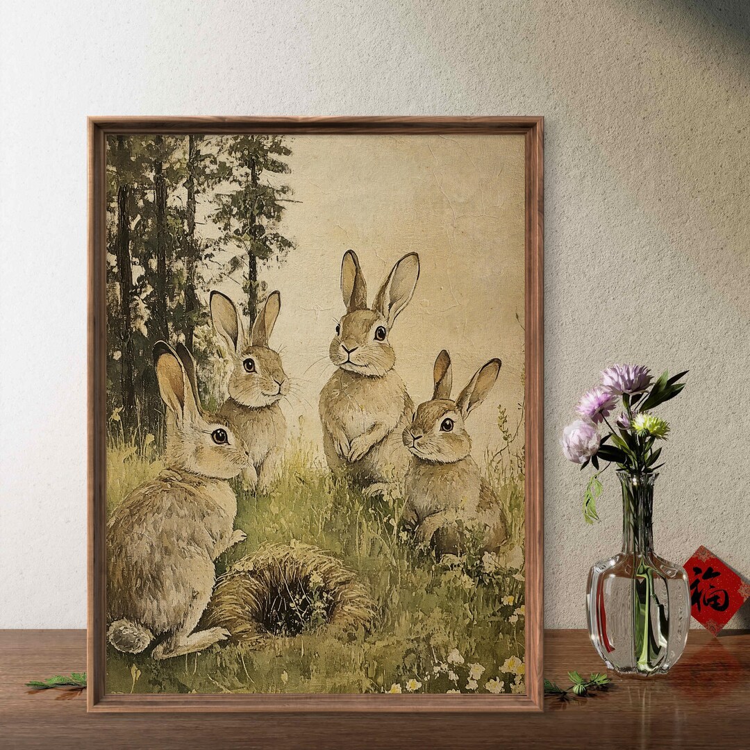 Rabbit Family Wall Art – Woodland Bunny Nursery Print, Rustic Animal ...