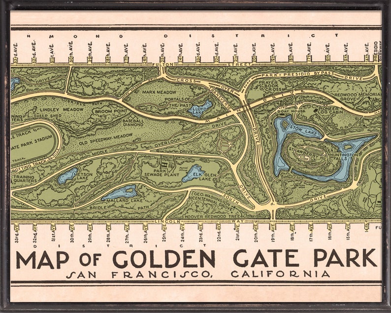 May include: A vintage map of Golden Gate Park in San Francisco, California. The map shows the layout of the park, including roads, lakes, and landmarks. The map is printed in green, brown, and blue colors.