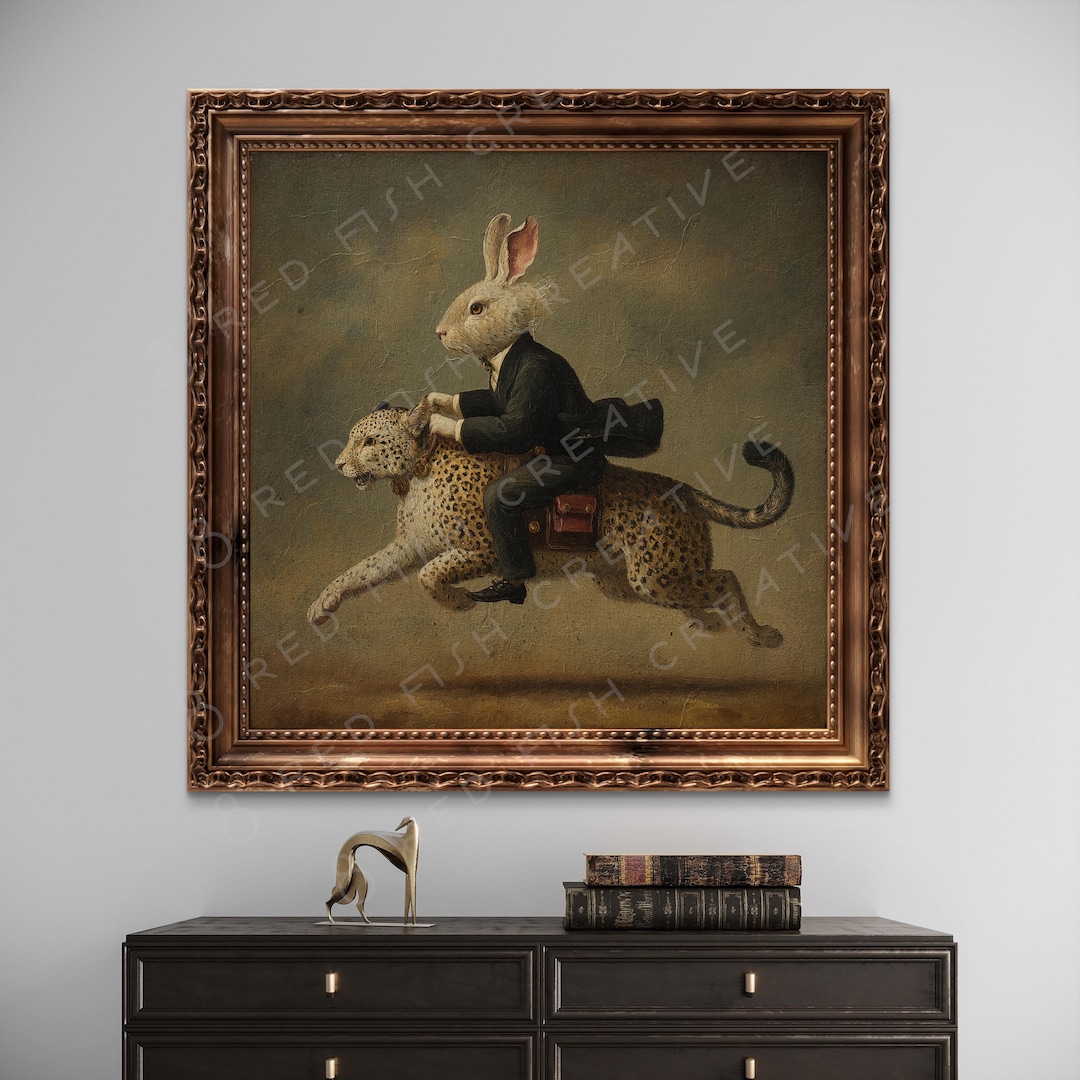 Dapper Rabbit Riding a Leopard – Surreal Vintage-style Animal Portrait ...