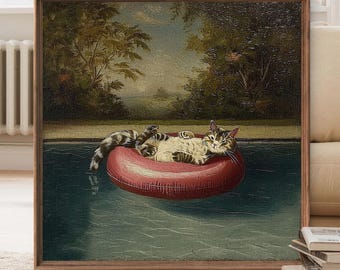 Cat Floating in Pool Wall Art Print, Whimsical Kitten Poster, Funny Animal Painting, Relaxing Summer Cat Home Decor - Sold UNFRAMED #701
