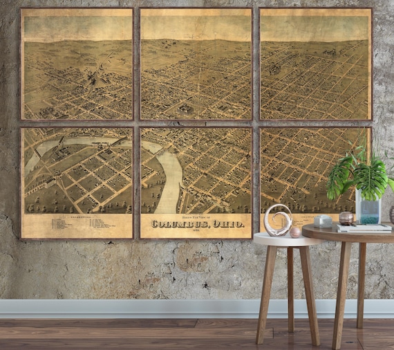1872 Columbus Ohio map reprint, Columbus birds eye view map, 7 large/XL sizes up to 60x40" printed 1 or 6 pieces  - unframed