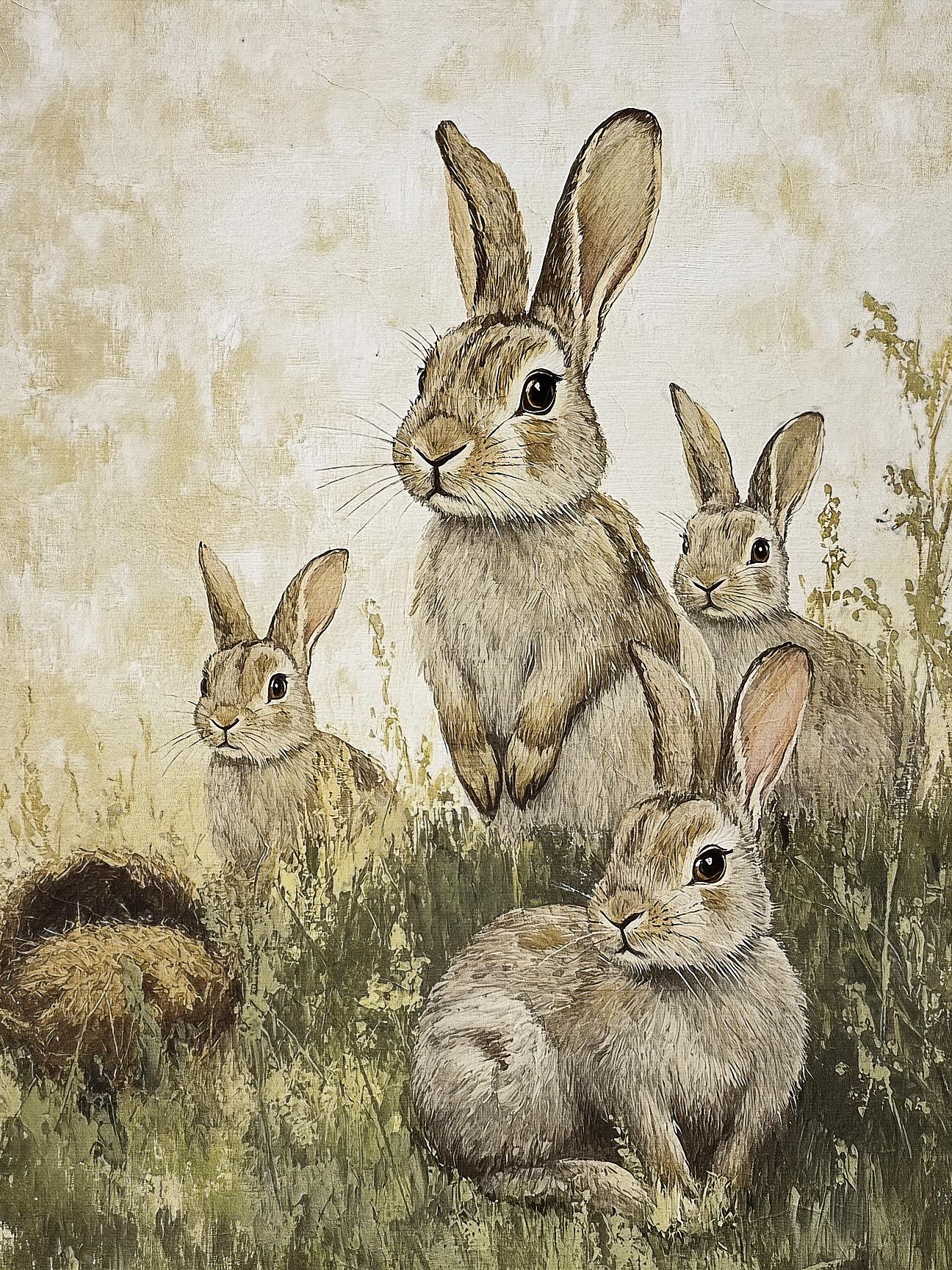 Rabbit Family Wall Art – Woodland Bunny Nursery Print, Rustic Animal ...