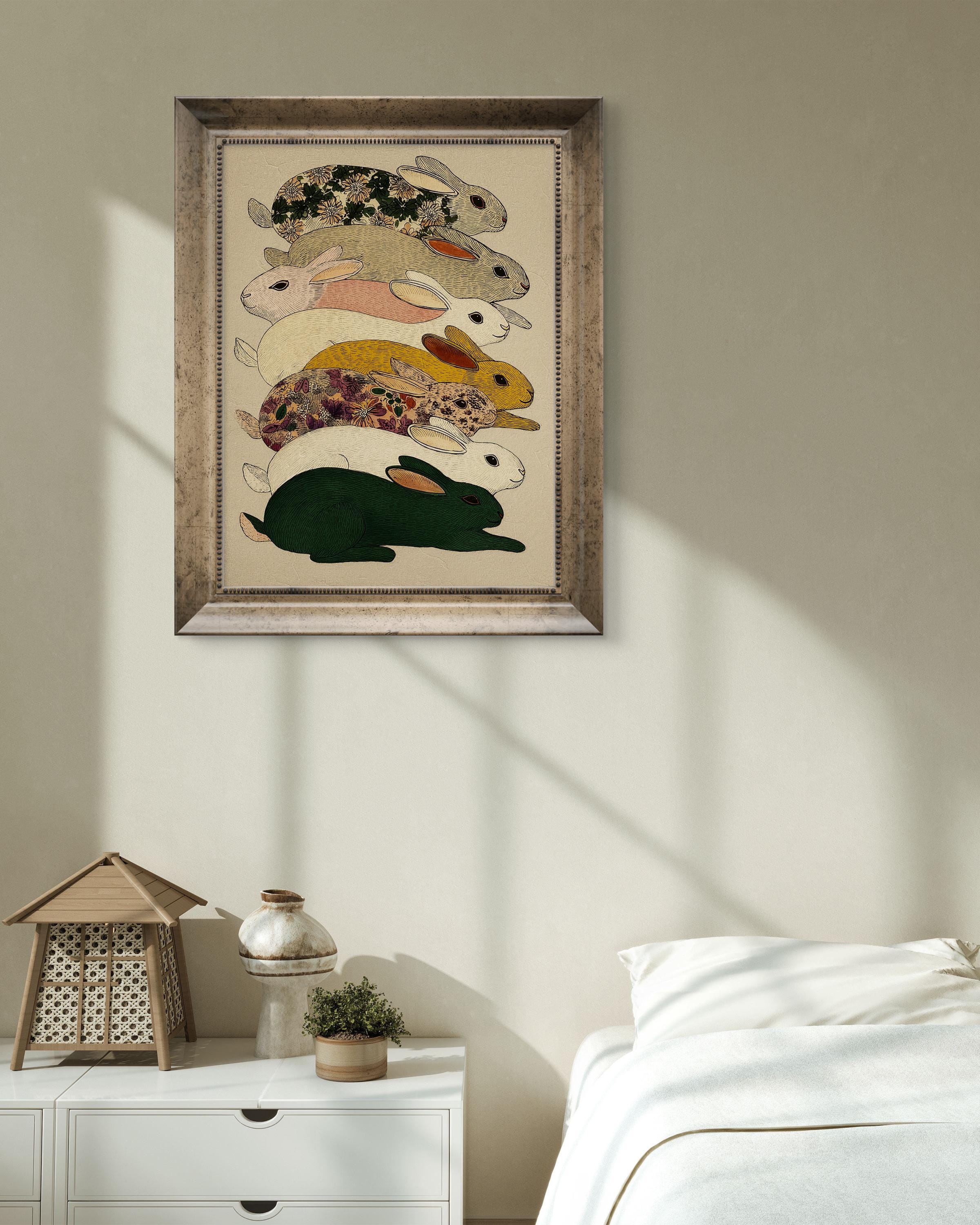 Colorful Mid-century Rabbits Art Print – Whimsical Floral Rabbits ...