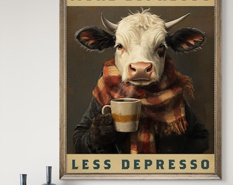Funny cow wall art, Espresso wall decor, Coffee lover print, Cow drinking coffee, Cute cow kitchen art, Sold UNFRAMED #209