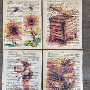 May include: Four vintage book pages with bee and honeycomb illustrations. The pages feature text about bees, honey, and nature. The illustrations are in shades of yellow, orange, and brown.