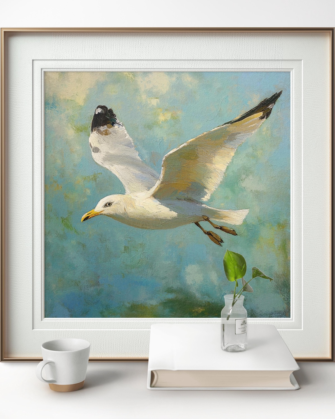 Flying Seagull Wall Art - Coastal Ocean Bird Oil Painting Print - Beach ...