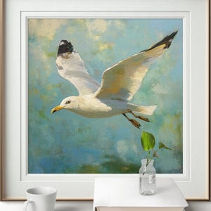 Flying Seagull Wall Art - Coastal Ocean Bird Oil Painting Print - Beach ...