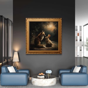 May include: A framed painting depicts a fox and a rabbit in a forest setting. The artwork features warm tones, with the fox in shades of brown and the rabbit in white and gray. The painting is in a gold ornate frame, hanging on a dark gray wall.
