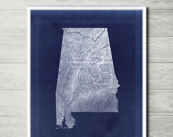 Alabama relief map reprint, Vintage Alabama map reprint - 6 large/XL sizes up to 40"x30" and three color schemes