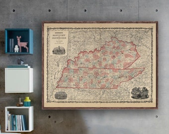 1862 Map of Kentucky and Tennessee reprint, Vintage  map reprint - 3 color choices, 4 large/XL sizes up to 48" x 36" printed 1 or 4 sections