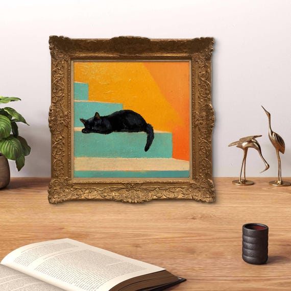 Sleeping Cat Art - Cat Lover Gift - Black Cat Painting - Relaxed Cat Illustration - Vintage Cat Decor -   Sold UNFRAMED only #123