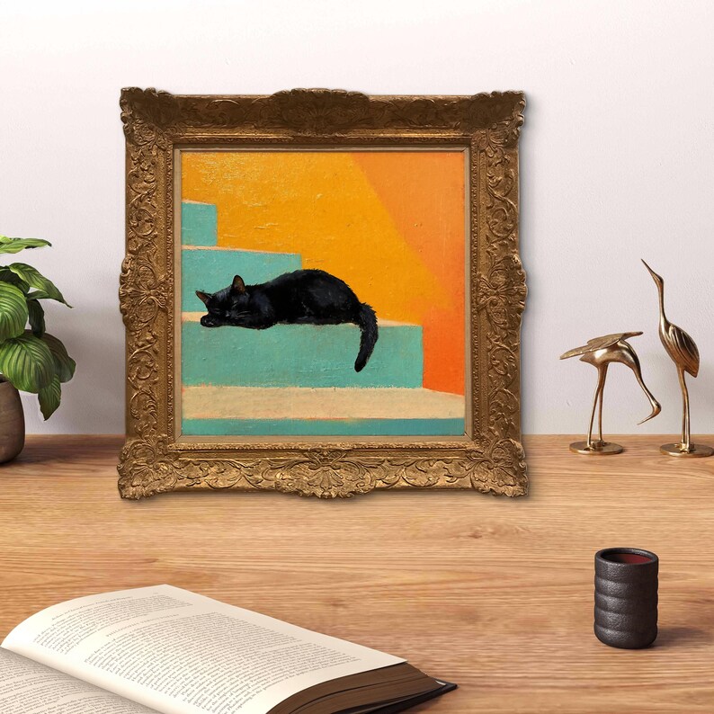 May include: A framed painting of a black cat sleeping on a set of blue and orange stairs. The painting is in a gold frame with ornate details.