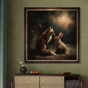 May include: A framed painting depicts a fox and a rabbit in a forest setting. The fox has reddish-brown fur and the rabbit is light brown. The background features a bright light, possibly the sun, shining through the trees. The frame is dark brown.